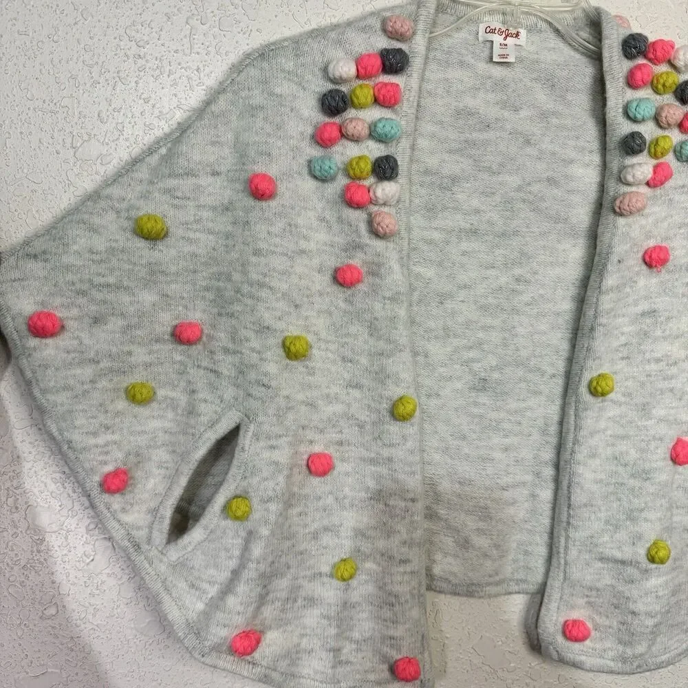 Cat & Jack Girls Kids Cape Poncho Shawl Multicolor Pom‎ Pom Design Gray Size S/M